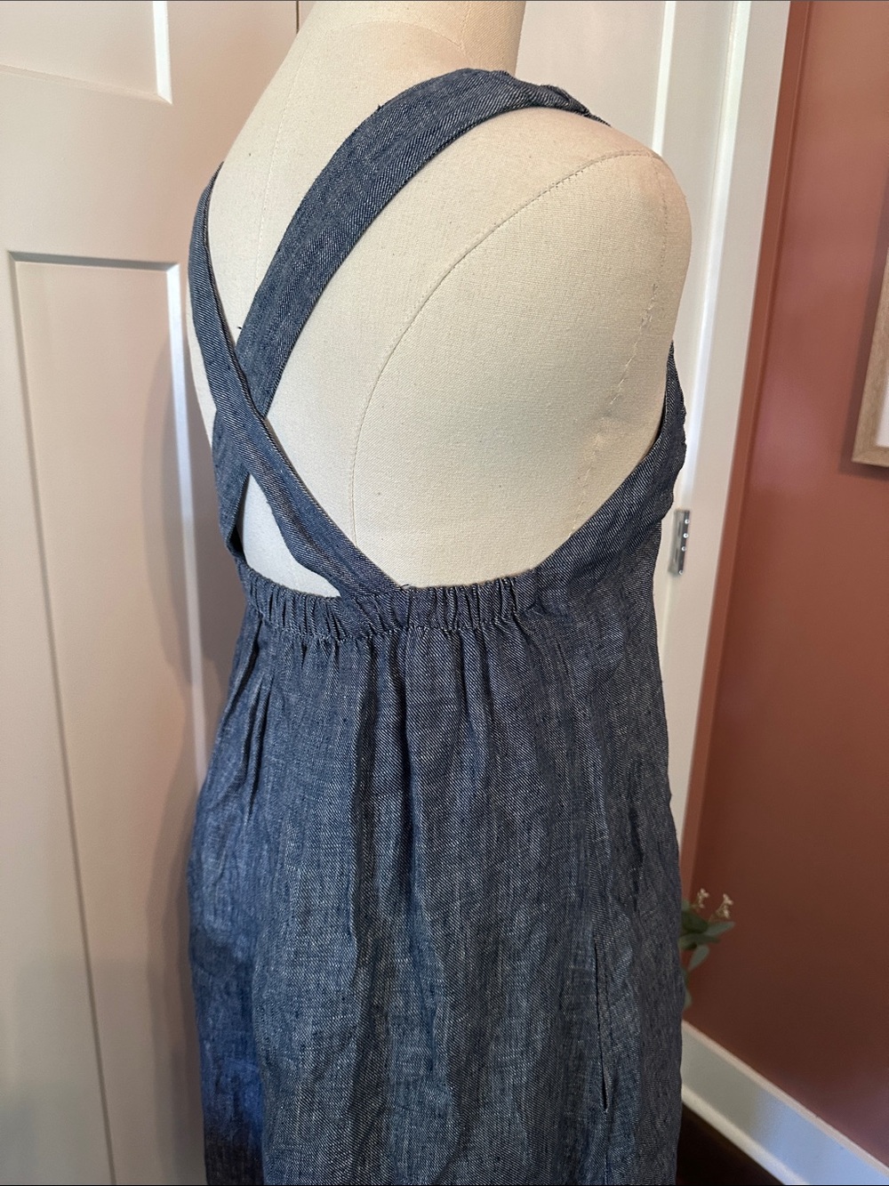 Anthropologie Staci Woo Souvenir Ed. Blue Chambray linen 3 midi pockets Sundress - Picture 6 of 11